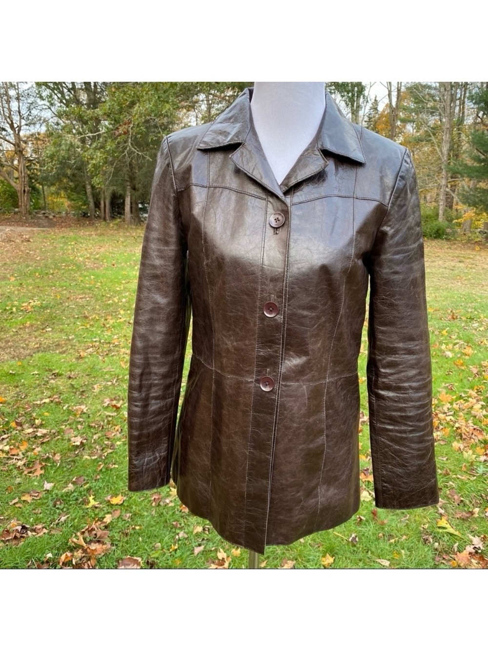 SUNDANCE JACKET COAT BROWN LEATHER BLAZER BUTTONS LAPEL LONG SLEEVES SIZE S